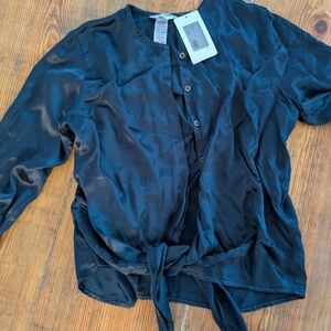 Hard Tail Navy Midnight Blue  Satin Blouse NWT Large Tie Waste